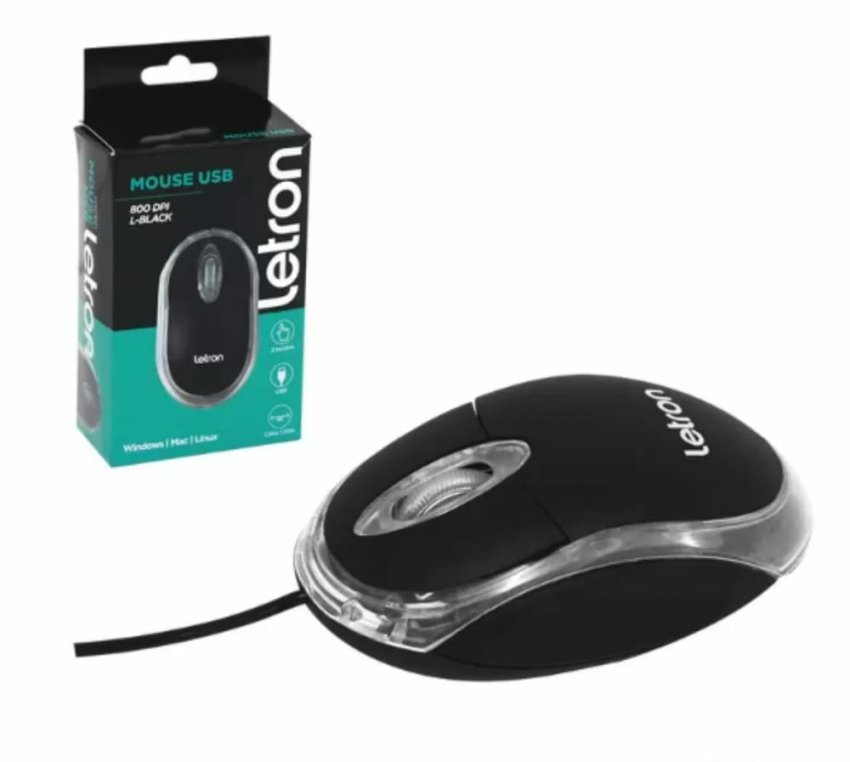 Mouse Óptico USB 800 DPI - Black Classic Preto com Fio - Letron